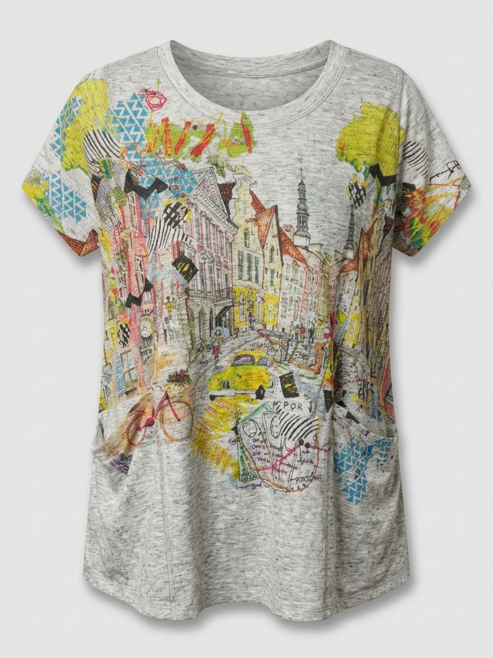 Tanoah Grey Heathered European City Street Scene Graphic Print Short Sleeve Top - Picture 3 of 12